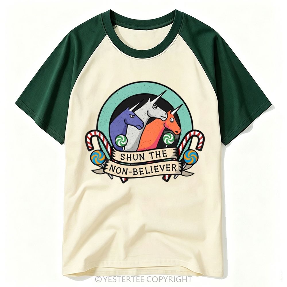 Circus Badge Three Color Unicorn Candy Cane Baseball T-shirt