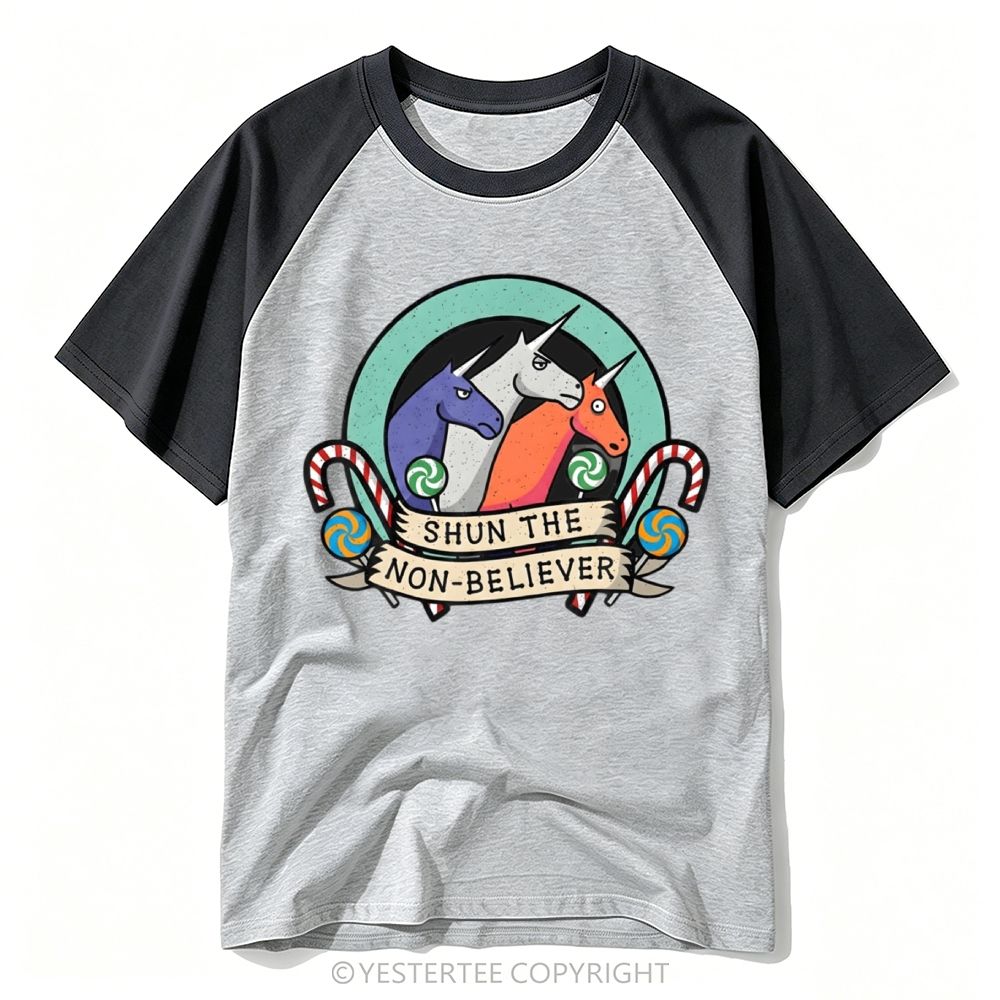 Circus Badge Three Color Unicorn Candy Cane Baseball T-shirt