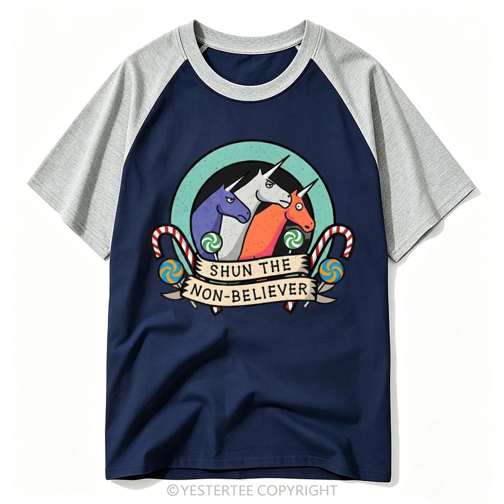 Circus Badge Three Color Unicorn Candy Cane Baseball T-shirt