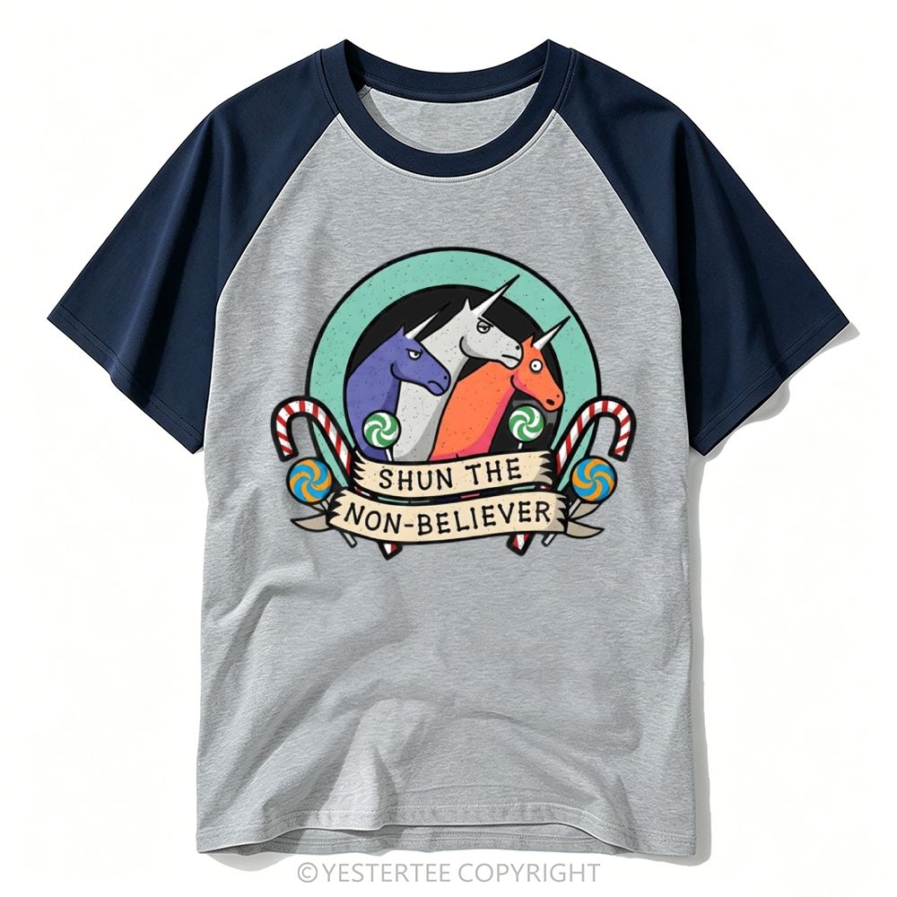 Circus Badge Three Color Unicorn Candy Cane Baseball T-shirt