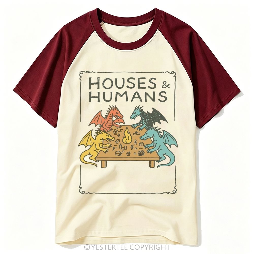 Yestertee Four Dragons Tabletop Board Game Parody "Houses & Humans" Baseball T-shirt
