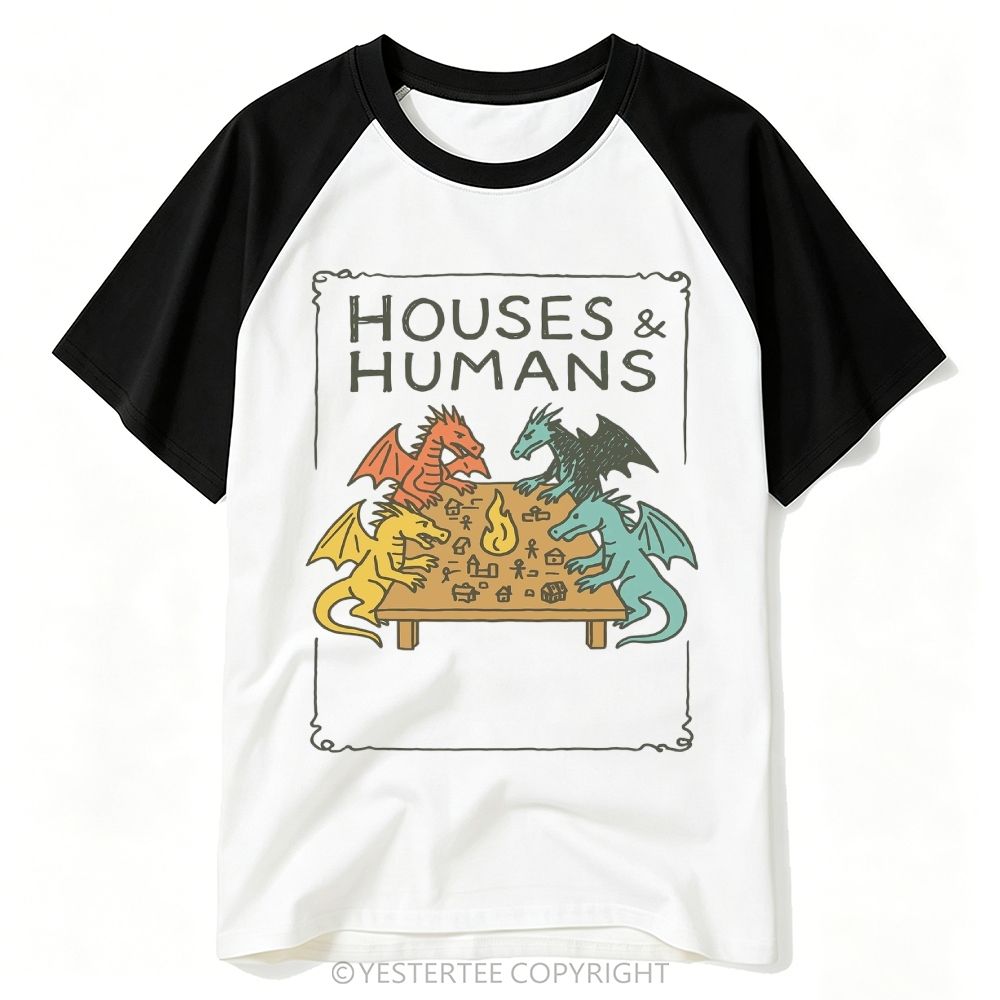 Yestertee Four Dragons Tabletop Board Game Parody "Houses & Humans" Baseball T-shirt