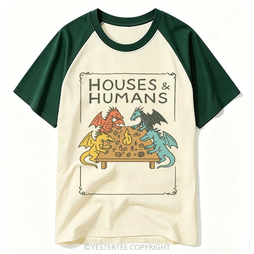 Yestertee Four Dragons Tabletop Board Game Parody "Houses & Humans" Baseball T-shirt