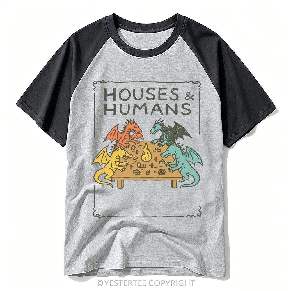 Yestertee Four Dragons Tabletop Board Game Parody "Houses & Humans" Baseball T-shirt