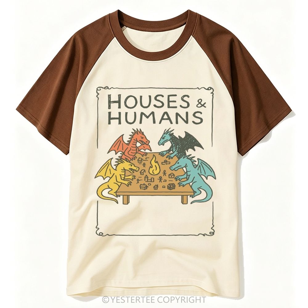 Yestertee Four Dragons Tabletop Board Game Parody "Houses & Humans" Baseball T-shirt