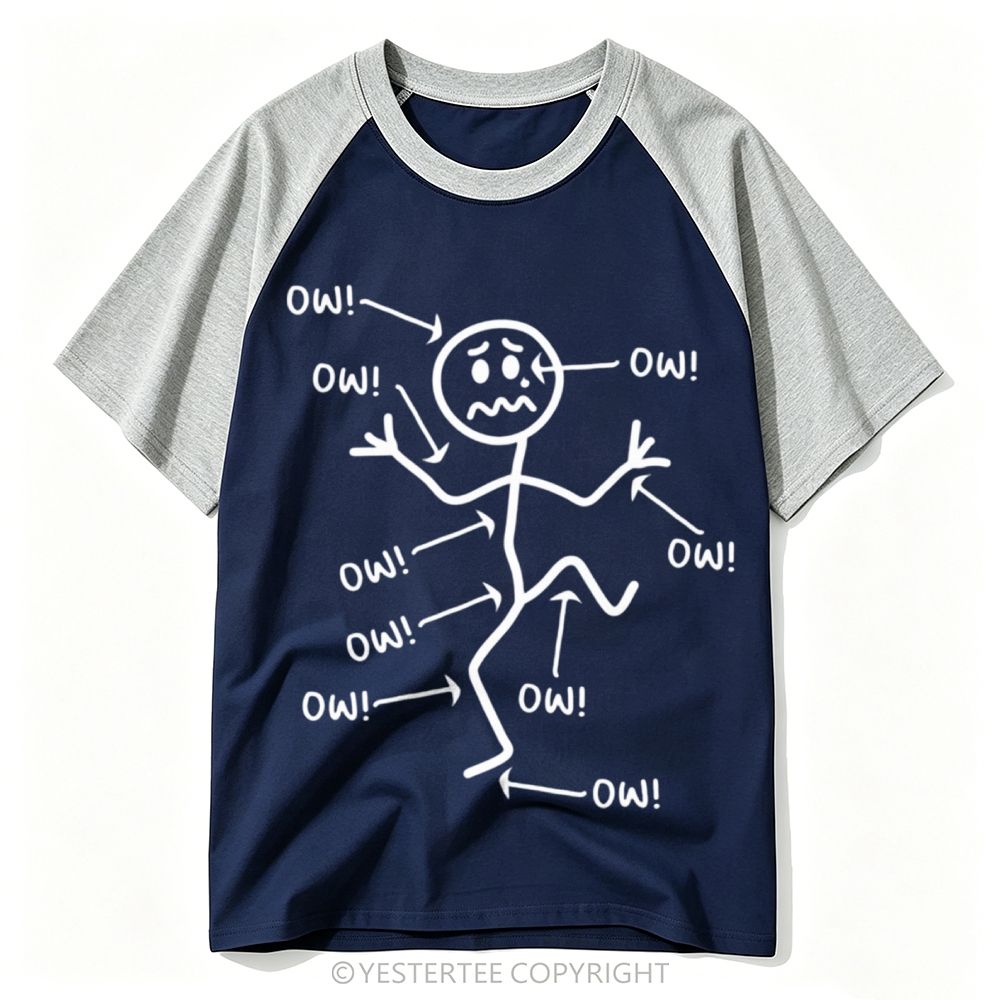 Yestertee Simple Stick Figure All Sore Spots "Ow" Pain Quote Baseball T-shirt 