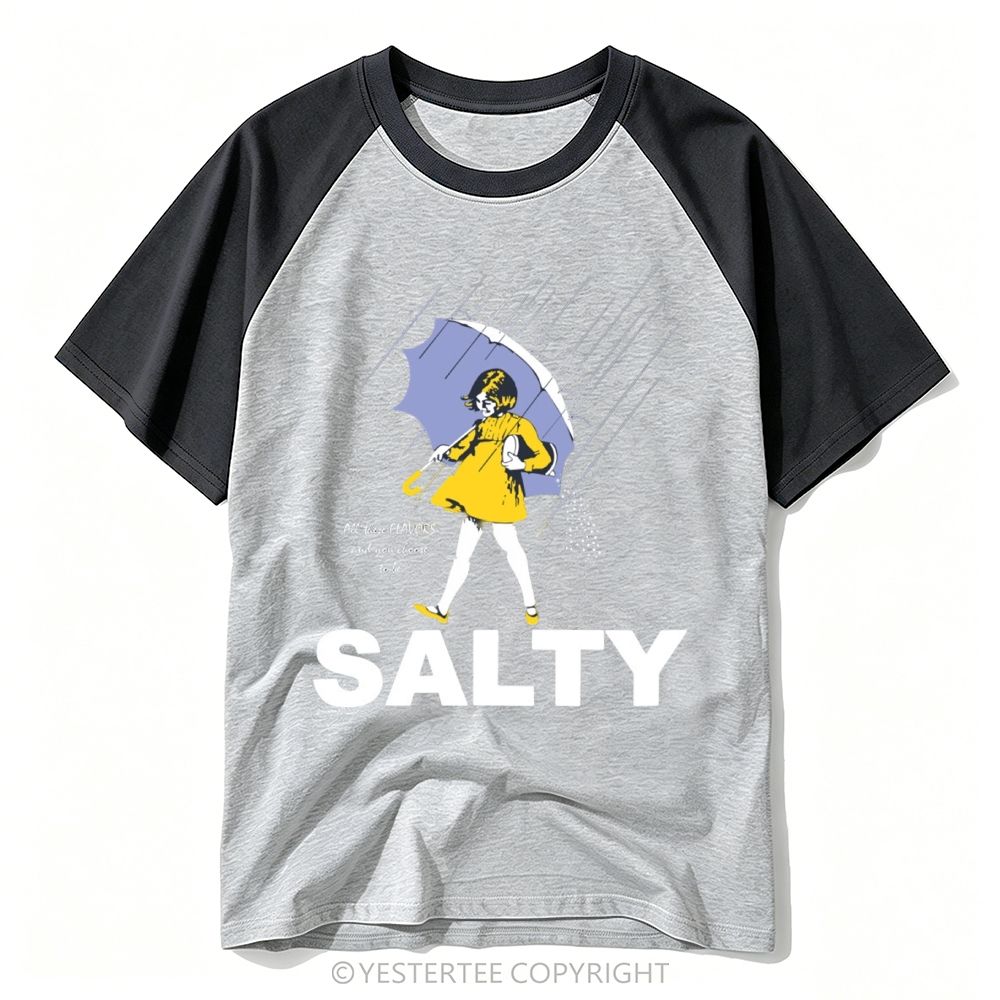 Yestertee  Rain Umbrella Girl Retro Parody Salty Pun Baseball T-shirt 