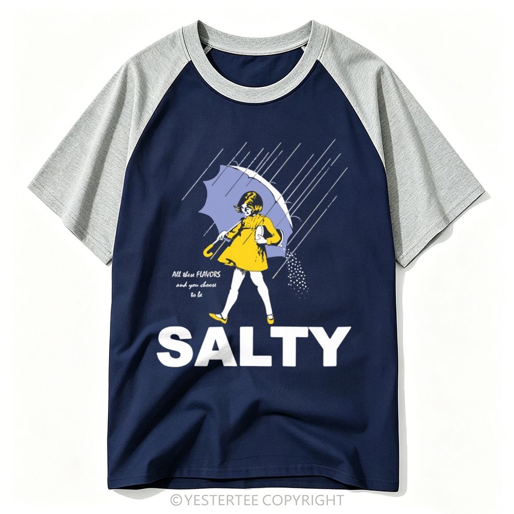 Yestertee  Rain Umbrella Girl Retro Parody Salty Pun Baseball T-shirt 