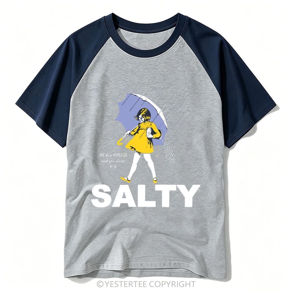 Yestertee  Rain Umbrella Girl Retro Parody Salty Pun Baseball T-shirt 