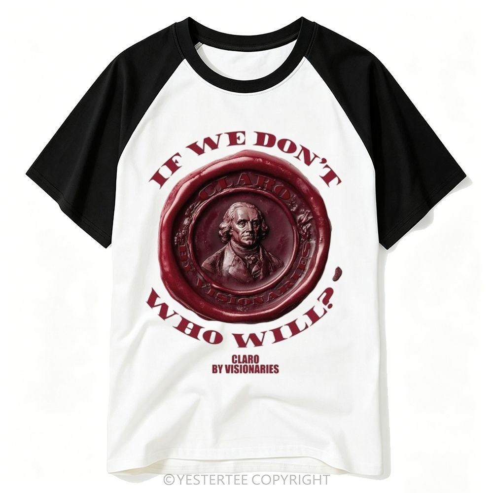Yestertee Red Wax Seal Founding Father Portrait Curved Quote Baseball T-shirt