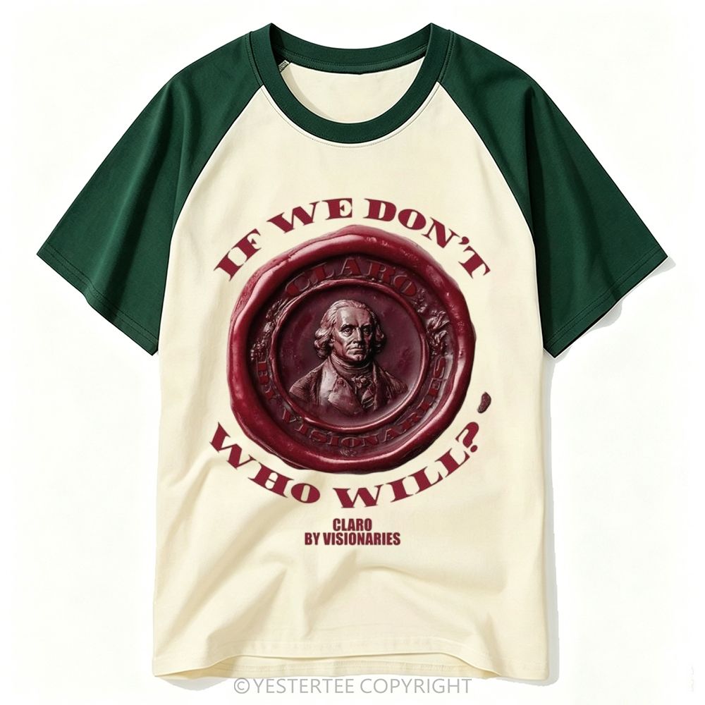 Yestertee Red Wax Seal Founding Father Portrait Curved Quote Baseball T-shirt