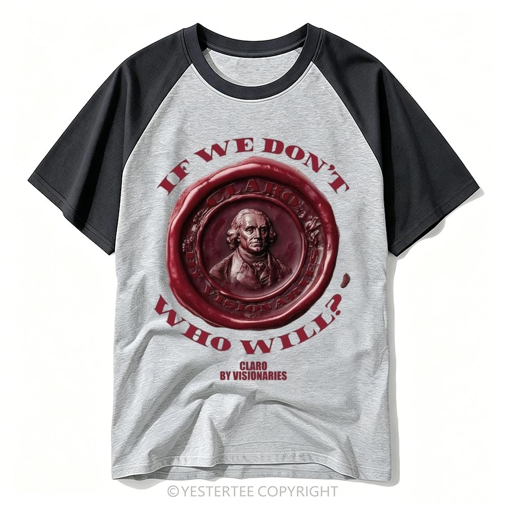 Yestertee Red Wax Seal Founding Father Portrait Curved Quote Baseball T-shirt