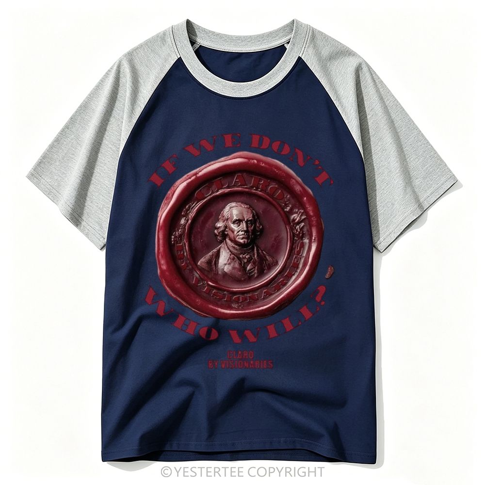 Yestertee Red Wax Seal Founding Father Portrait Curved Quote Baseball T-shirt