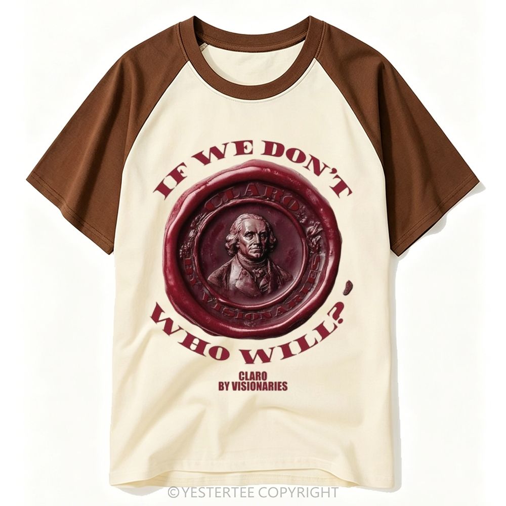 Yestertee Red Wax Seal Founding Father Portrait Curved Quote Baseball T-shirt