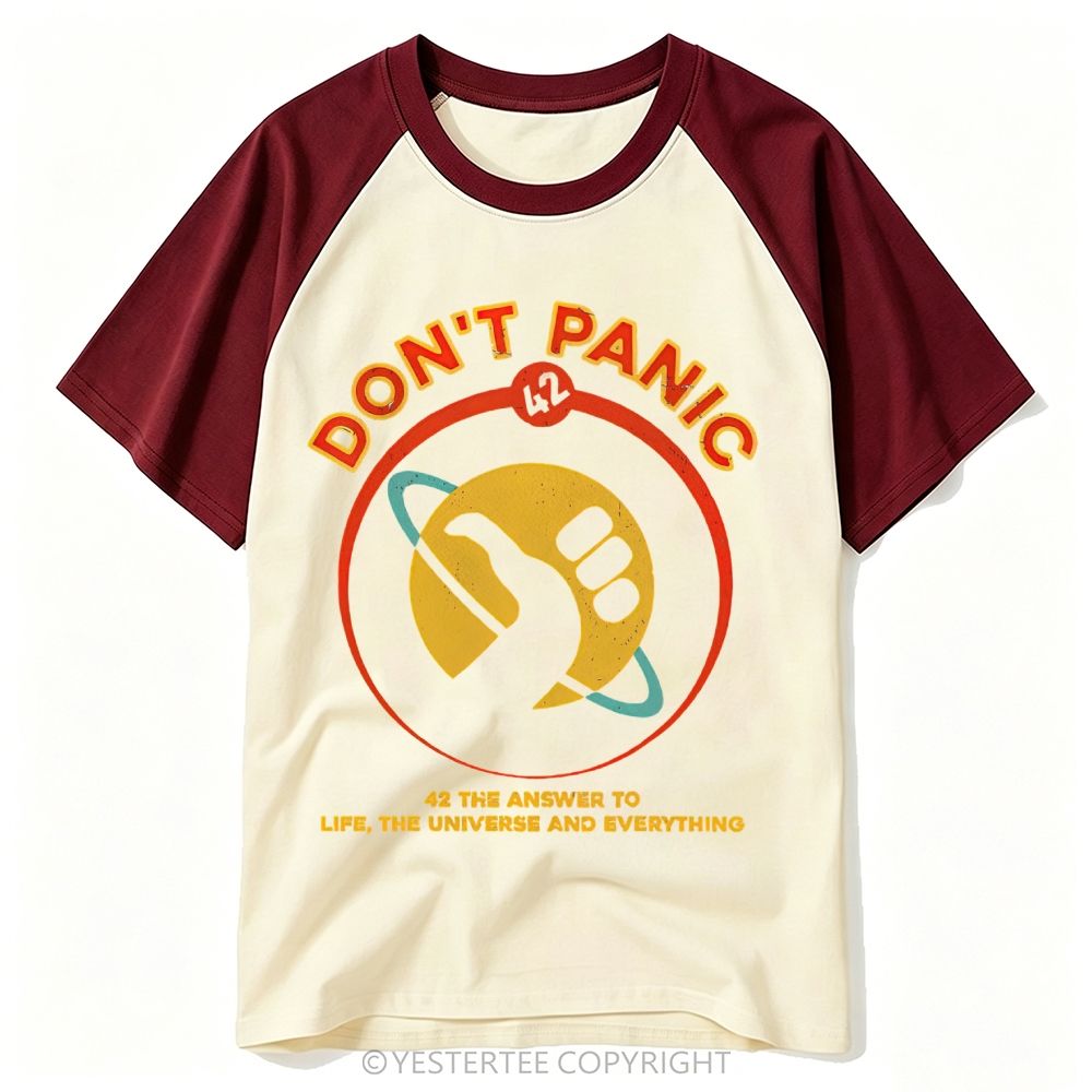Yestertee Retro Space Don’t Panic Planet Hand Baseball T-shirt 