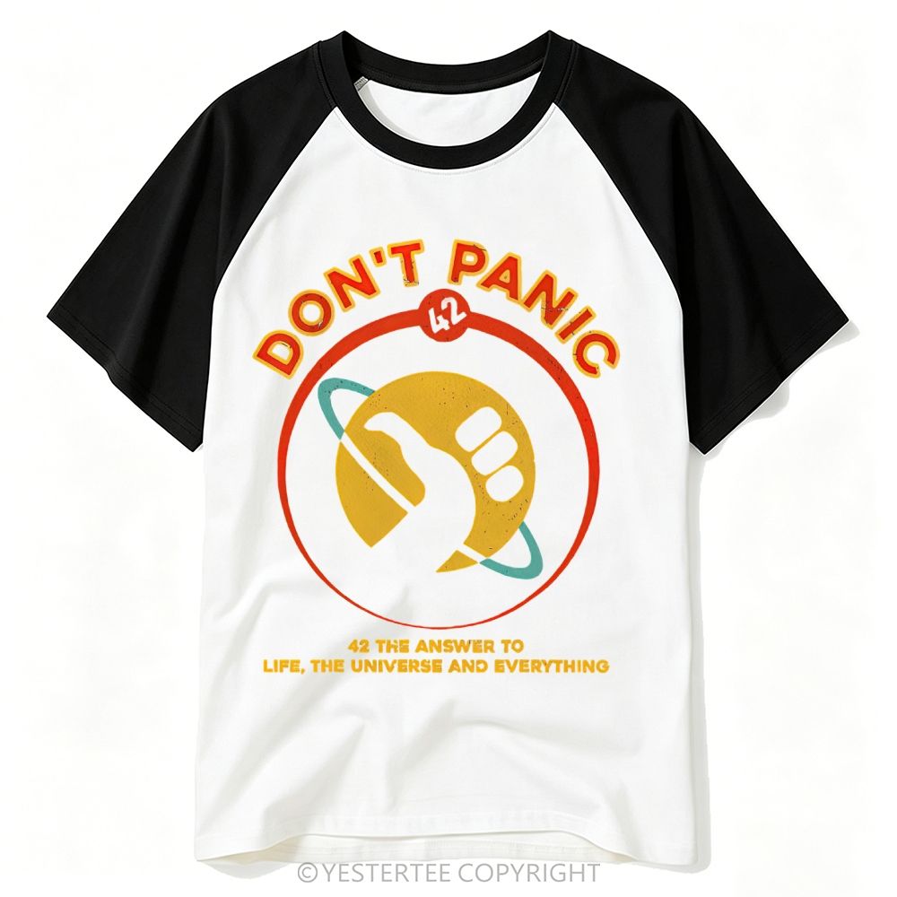 Yestertee Retro Space Don’t Panic Planet Hand Baseball T-shirt 