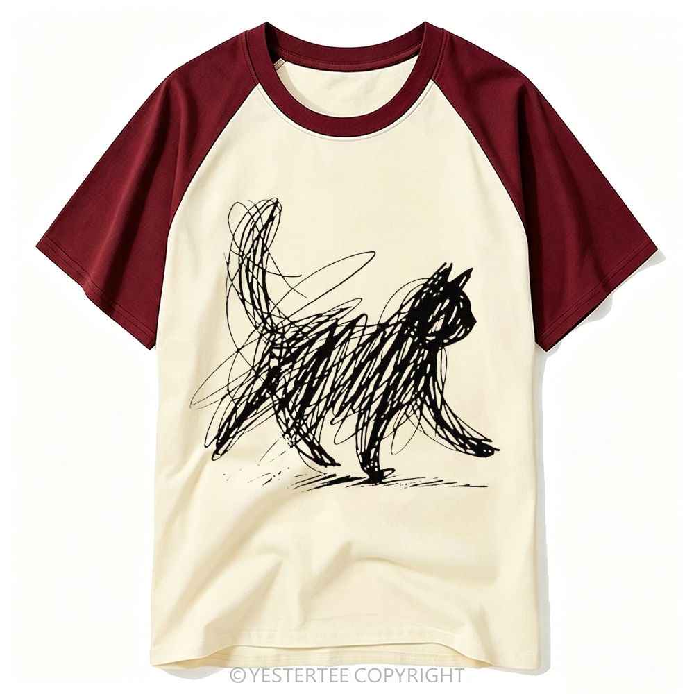 Yestertee Cat Line Art Baseball T-shirt 