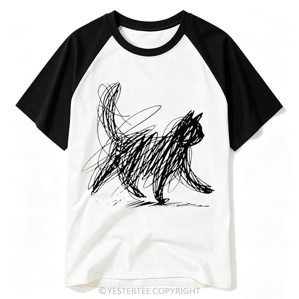 Yestertee Cat Line Art Baseball T-shirt 
