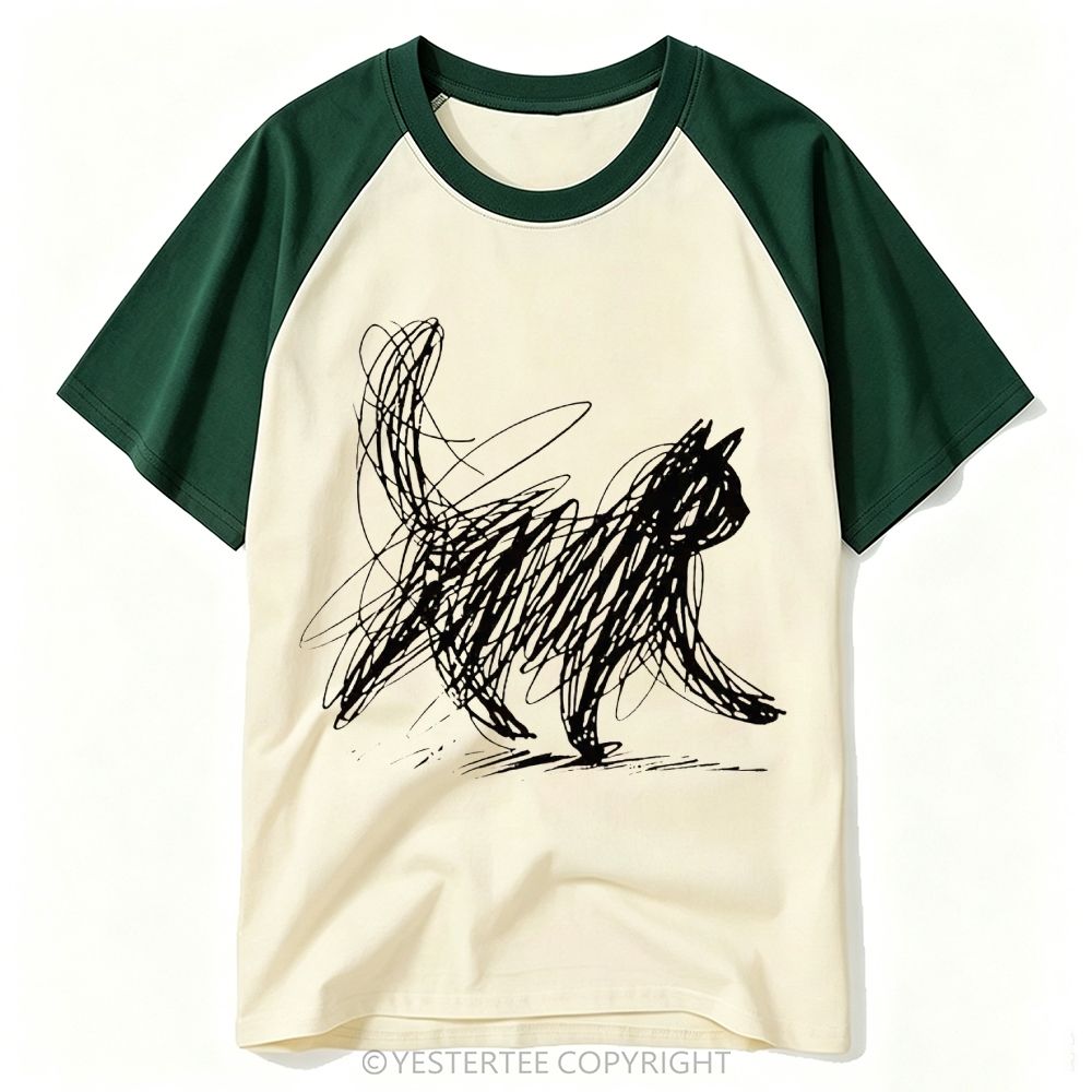 Yestertee Cat Line Art Baseball T-shirt 