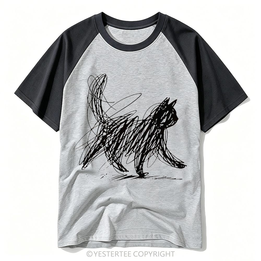 Yestertee Cat Line Art Baseball T-shirt 