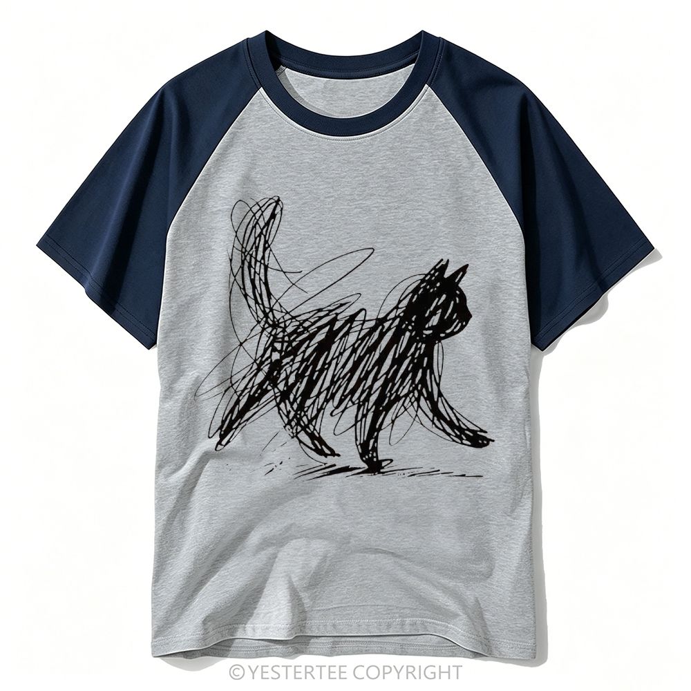 Yestertee Cat Line Art Baseball T-shirt 
