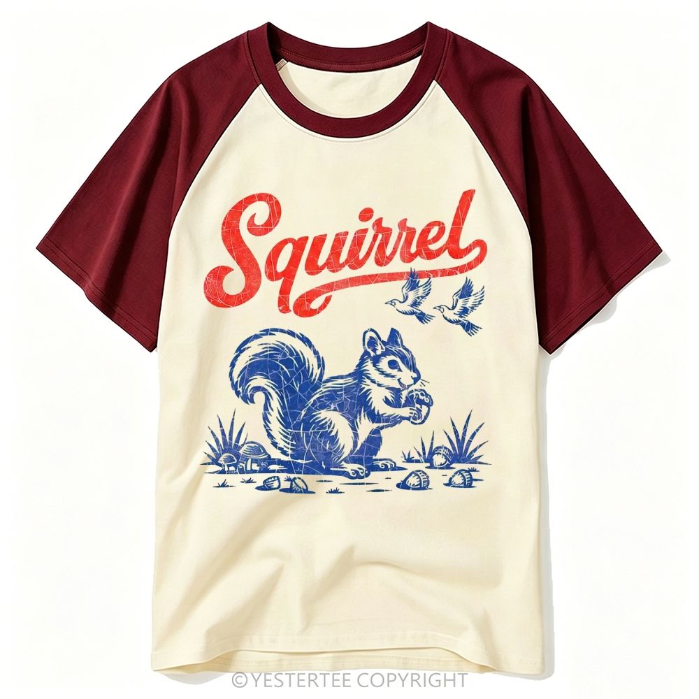Distressed Retro Woodland Squirrel Acorn Graphic Baseball T-shirt
