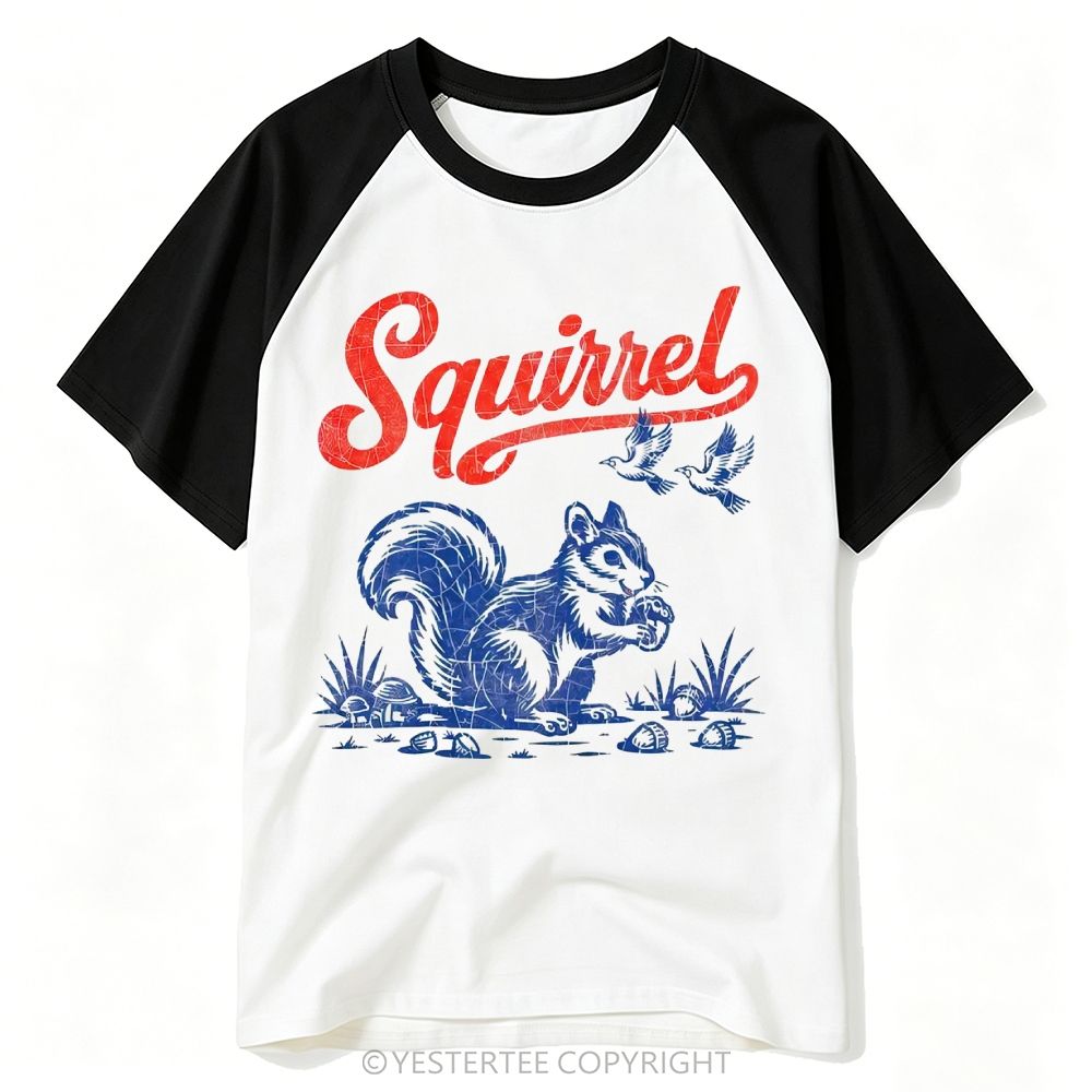 Distressed Retro Woodland Squirrel Acorn Graphic Baseball T-shirt