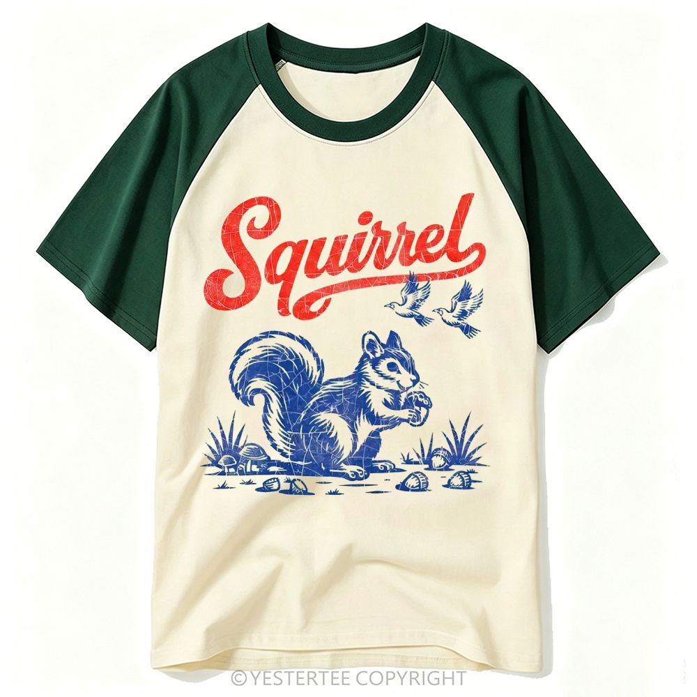 Distressed Retro Woodland Squirrel Acorn Graphic Baseball T-shirt