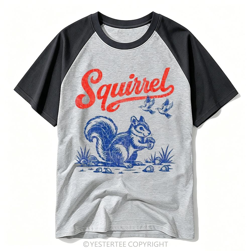 Distressed Retro Woodland Squirrel Acorn Graphic Baseball T-shirt