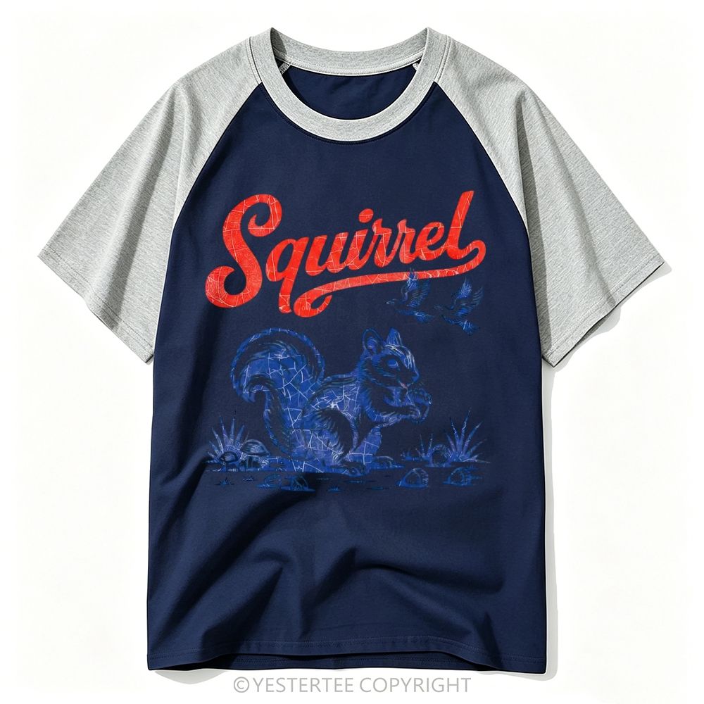 Distressed Retro Woodland Squirrel Acorn Graphic Baseball T-shirt