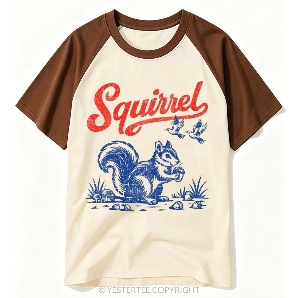 Distressed Retro Woodland Squirrel Acorn Graphic Baseball T-shirt