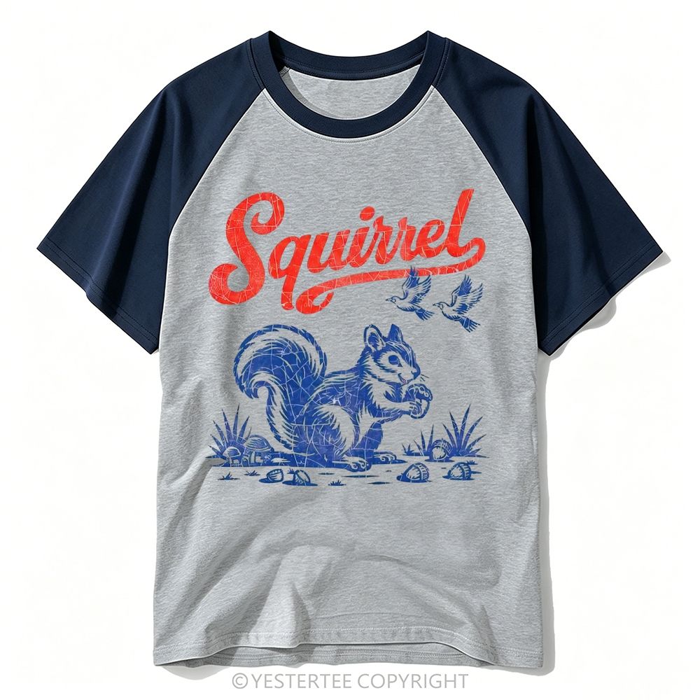 Distressed Retro Woodland Squirrel Acorn Graphic Baseball T-shirt