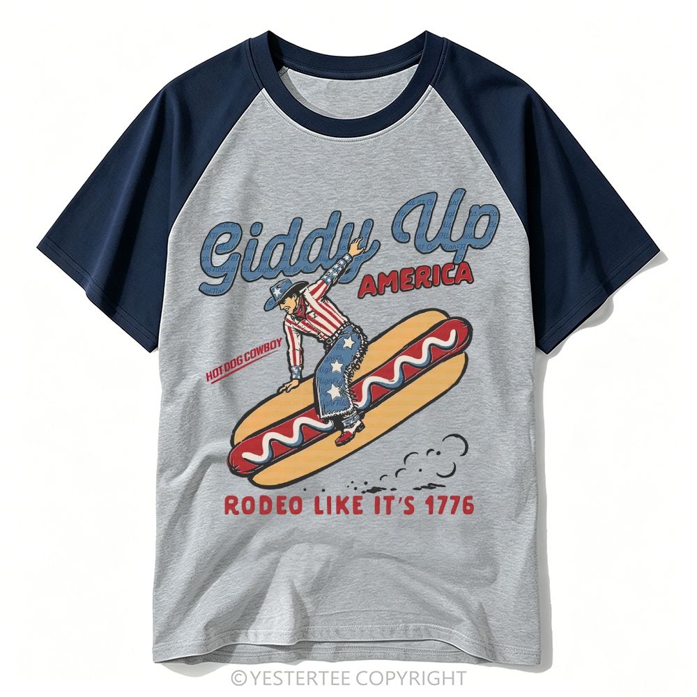 Vintage Western Patriotic Hot Dog Cowboy Rodeo Pun Baseball T-shirt