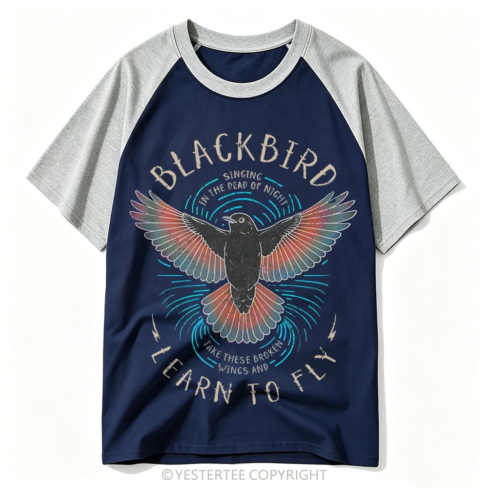 Vintage Retro Song Lyric Blackbird Wings Graphic Baseball T-shirt