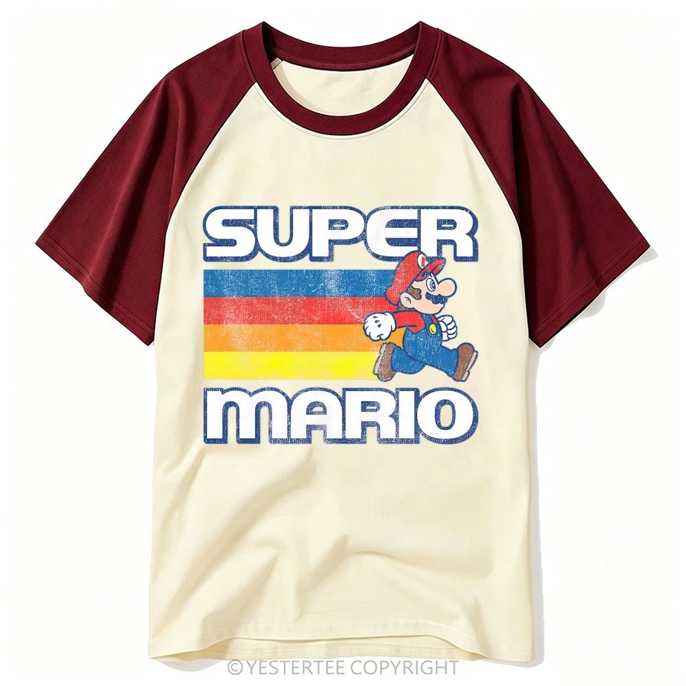 Distressed Retro Rainbow Stripe Game Character Walking Graphic Baseball T-shirt 