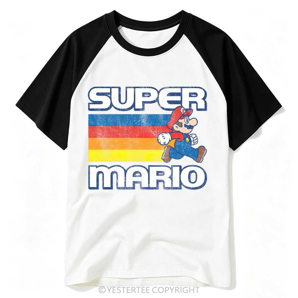 Distressed Retro Rainbow Stripe Game Character Walking Graphic Baseball T-shirt 