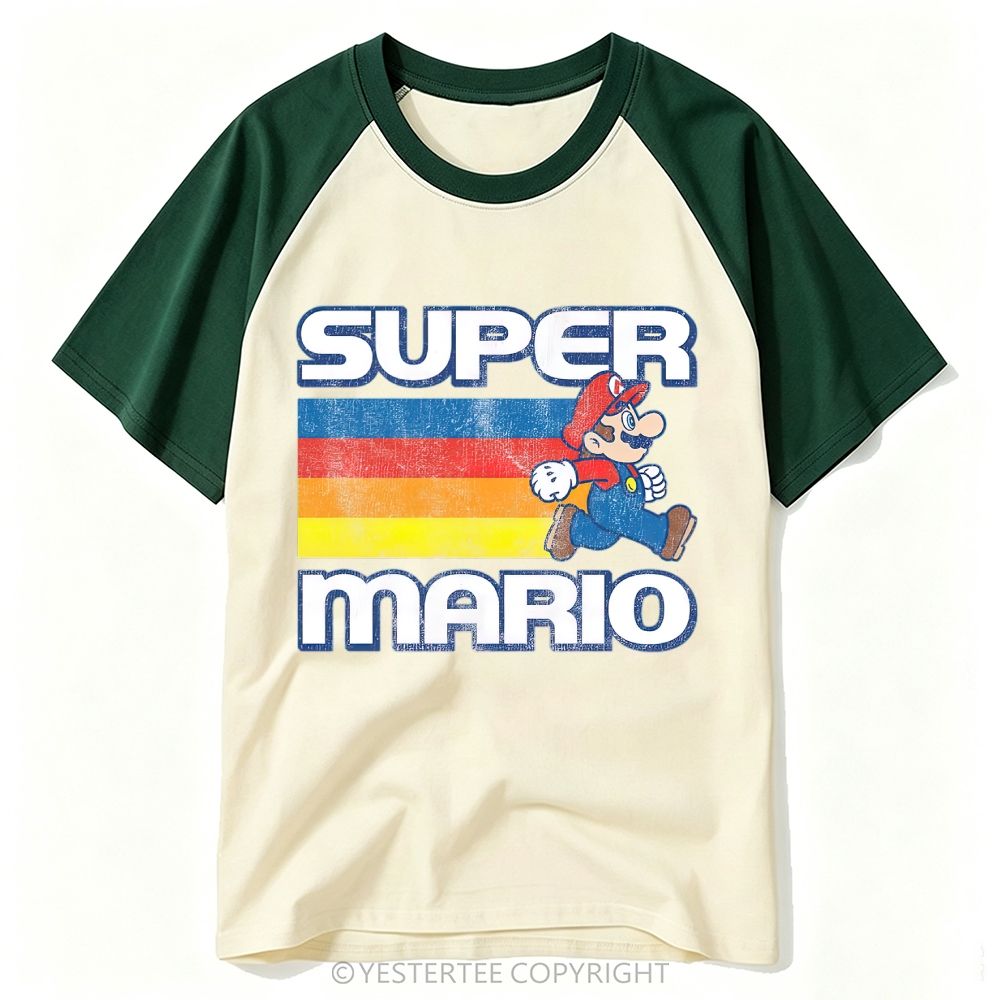 Distressed Retro Rainbow Stripe Game Character Walking Graphic Baseball T-shirt 