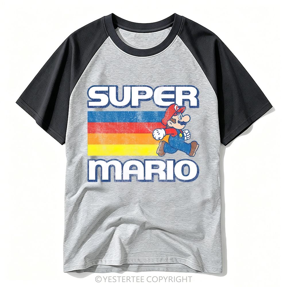 Distressed Retro Rainbow Stripe Game Character Walking Graphic Baseball T-shirt 