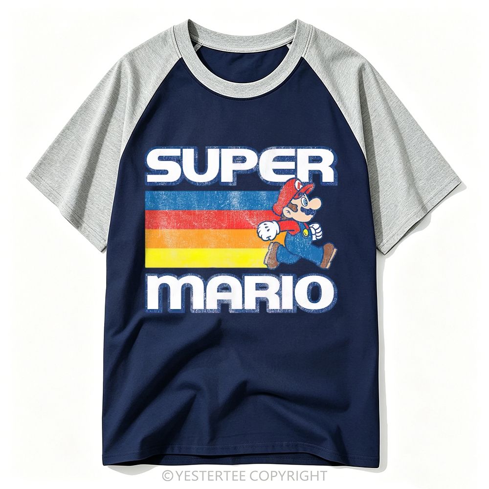Distressed Retro Rainbow Stripe Game Character Walking Graphic Baseball T-shirt 