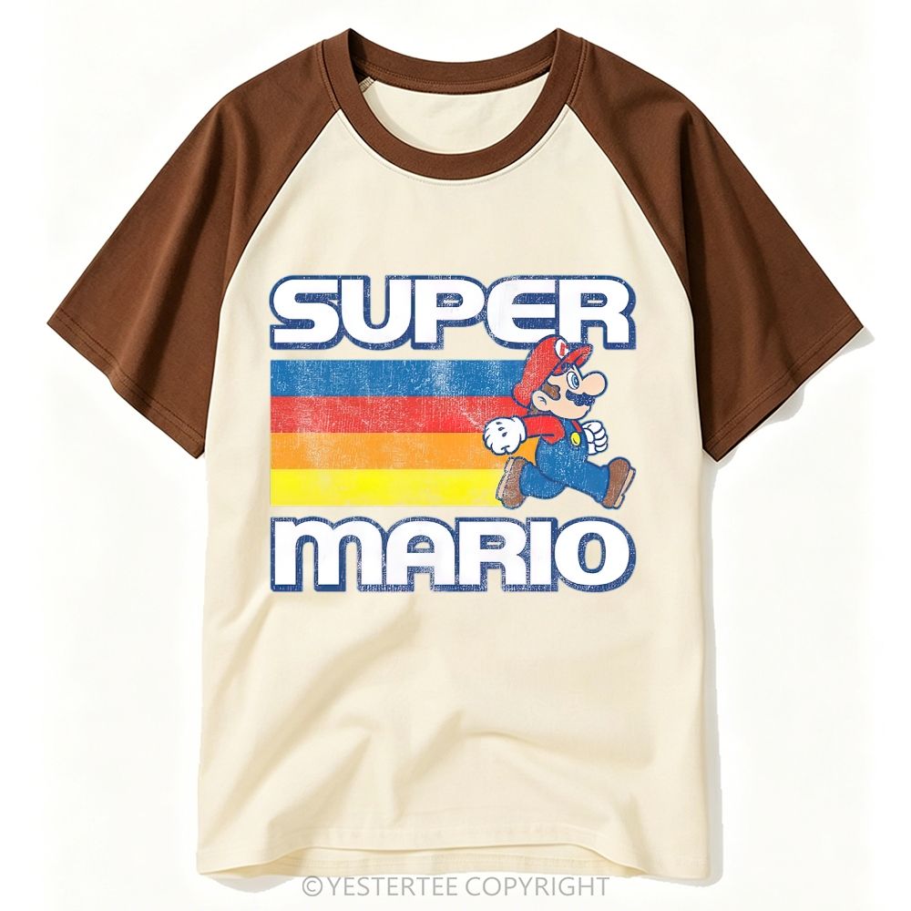Distressed Retro Rainbow Stripe Game Character Walking Graphic Baseball T-shirt 