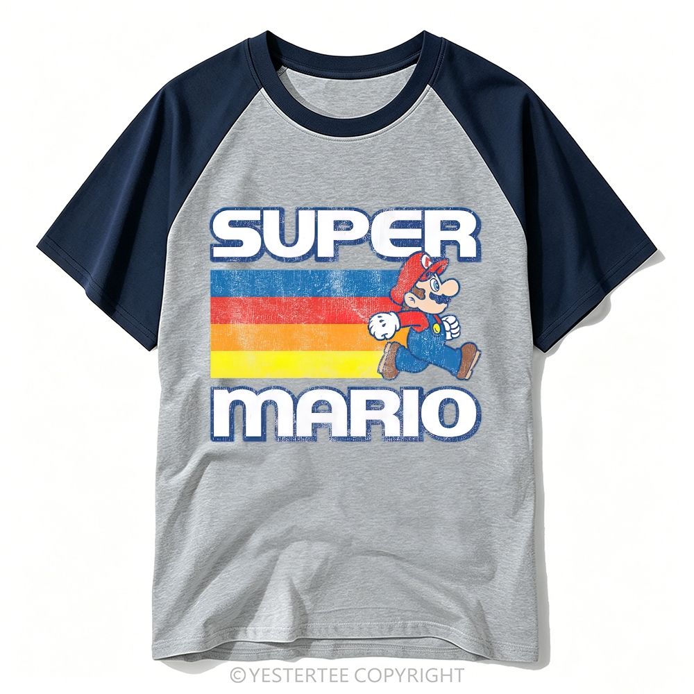 Distressed Retro Rainbow Stripe Game Character Walking Graphic Baseball T-shirt 