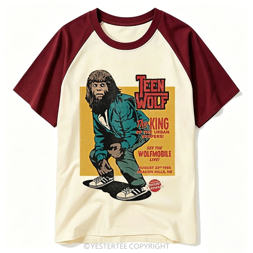  1985 Circus Poster Teen Wolf Surfer Monster Graphic Baseball T-shirt 