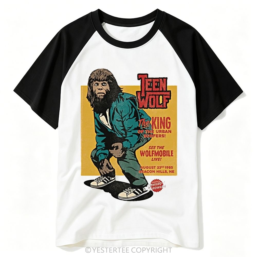  1985 Circus Poster Teen Wolf Surfer Monster Graphic Baseball T-shirt 