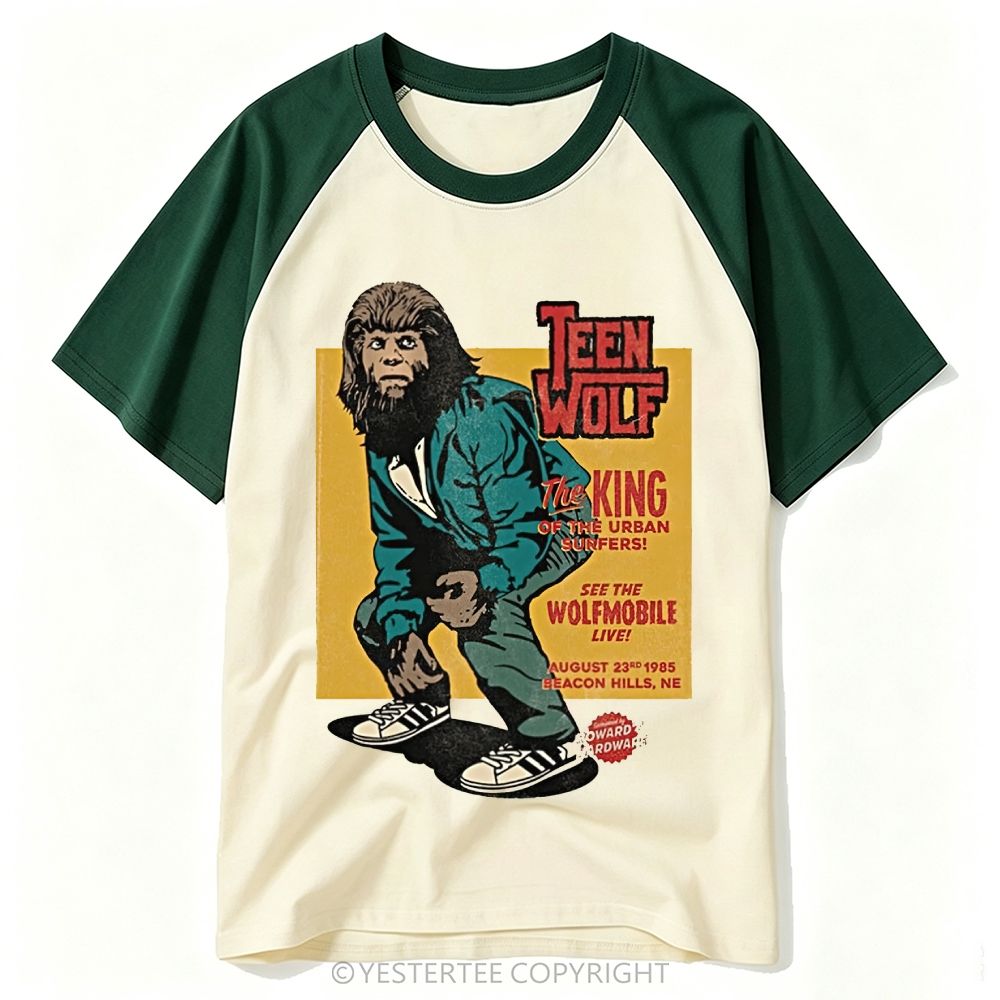  1985 Circus Poster Teen Wolf Surfer Monster Graphic Baseball T-shirt 