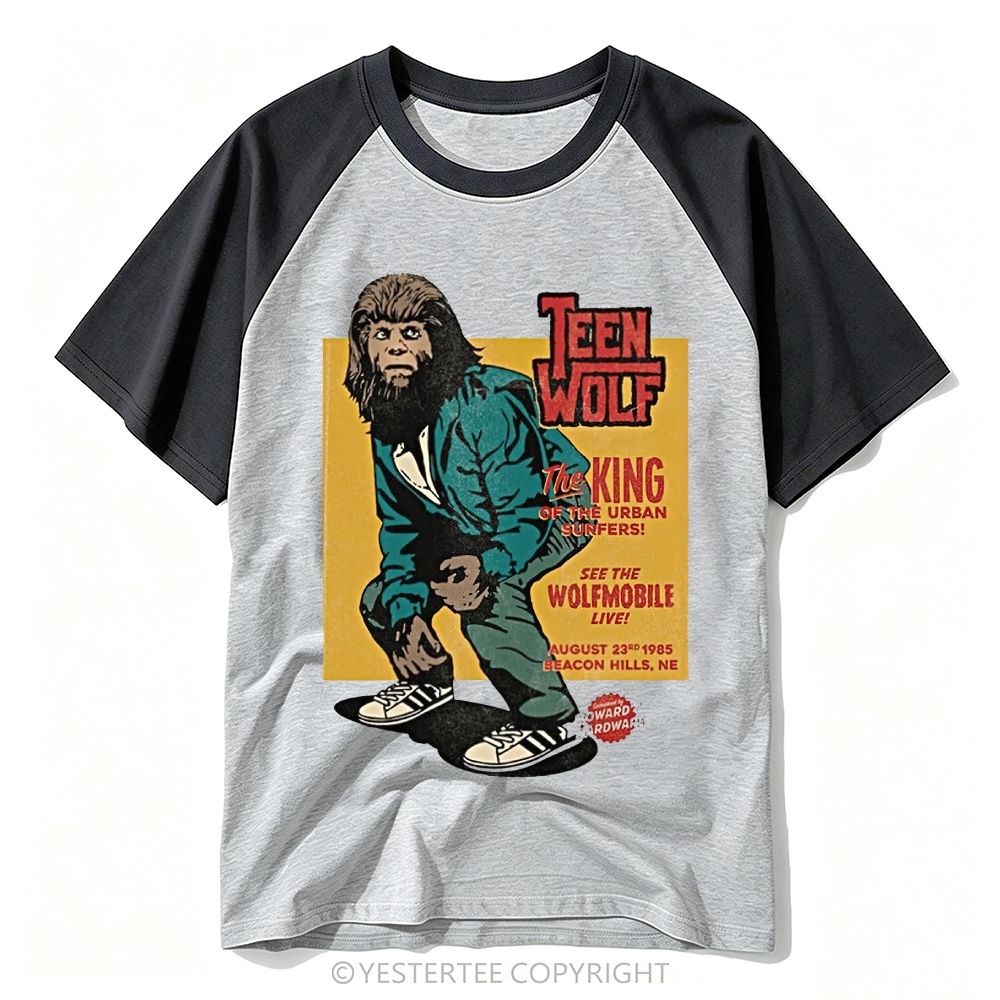  1985 Circus Poster Teen Wolf Surfer Monster Graphic Baseball T-shirt 