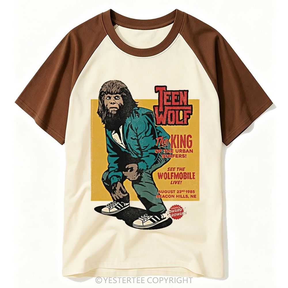  1985 Circus Poster Teen Wolf Surfer Monster Graphic Baseball T-shirt 