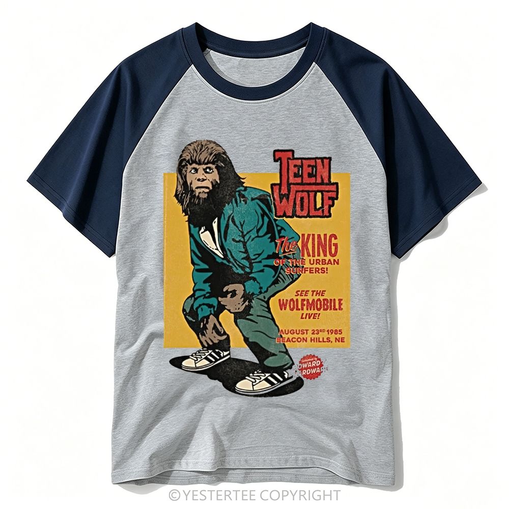  1985 Circus Poster Teen Wolf Surfer Monster Graphic Baseball T-shirt 