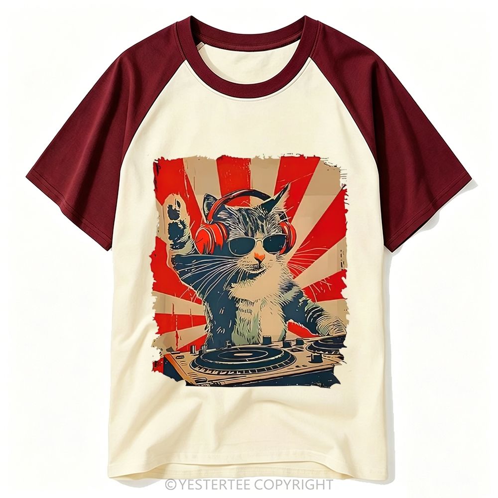 Sunburst DJ Cat Headphones Sunglasses Retro Print Baseball T-shirt
