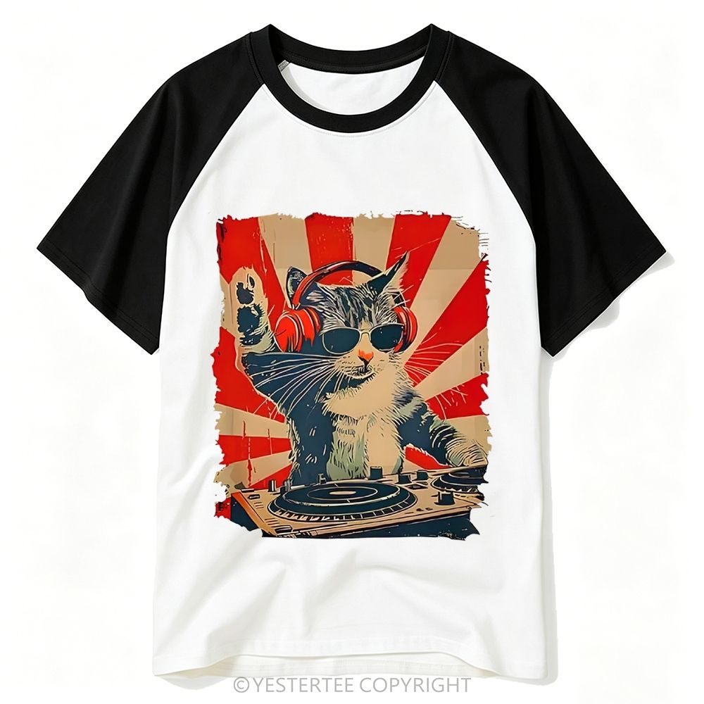 Sunburst DJ Cat Headphones Sunglasses Retro Print Baseball T-shirt
