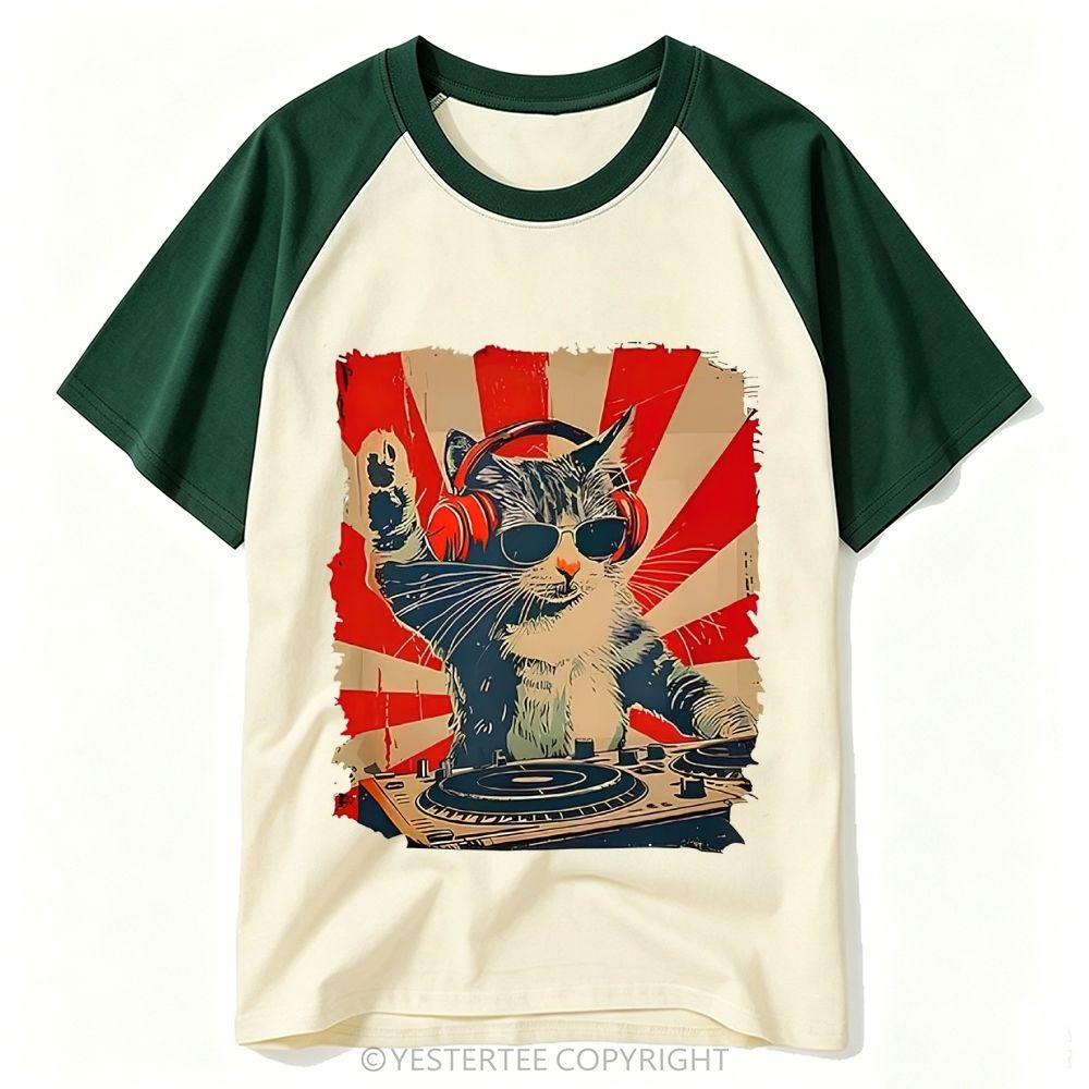 Sunburst DJ Cat Headphones Sunglasses Retro Print Baseball T-shirt